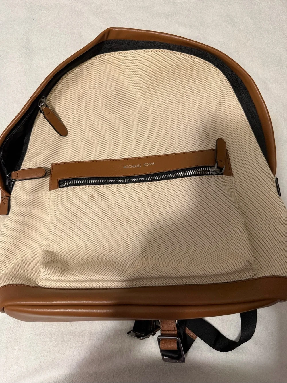 Michael Kors Cream Canvas Backpack with Tan Leather Trim